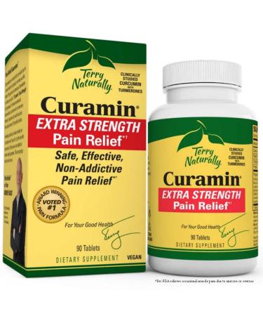 Terry Naturally Curamin Extra Strength - 90 Tablets - Non-Addictive Pain Relief Supplement with Curcumin from Turmeric Boswellia & DLPA - Non-GMO Vegan Gluten Free - 30 Servings