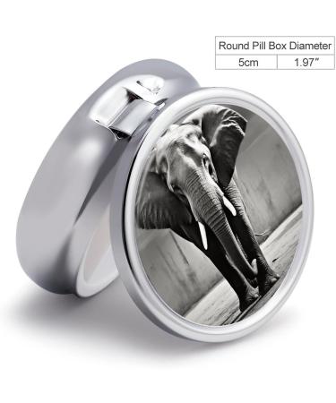 Round Black & White Elephant Print Pill Box | 3-Compartment Portable Medicine Organizer | Stylish Metal Pocket Pill Case - Buy Online on GoSupps.com