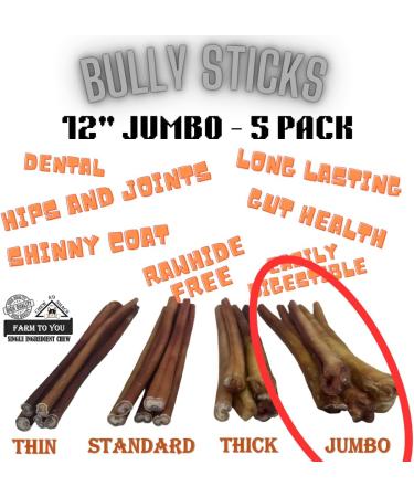 Bully Sticks - Low Odour - **12" Jumbo - 5 Pack Minimum** - Premium Single Ingredient Dog Chew - 100% Beef - All Natural/Organic - Dental Care - Rawhide Free - Buy Online on GoSupps.com