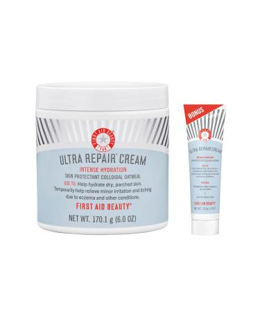 First Aid Beauty Ultra Repair Cream Intense Hydration Moisturizer for Face and Body Bundle  Classic 6 oz Jar + Bonus 1 oz Travel Size Tube 2 Piece Set