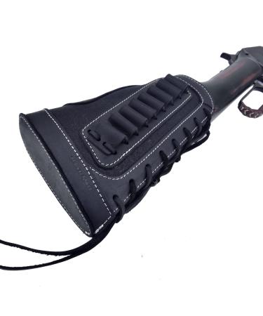 Genuine Leather Gun Shell Holder Buttstock, Canvas Recoil Pad Extension for Shotguns Rifles Black(.357 .30-30 .38)