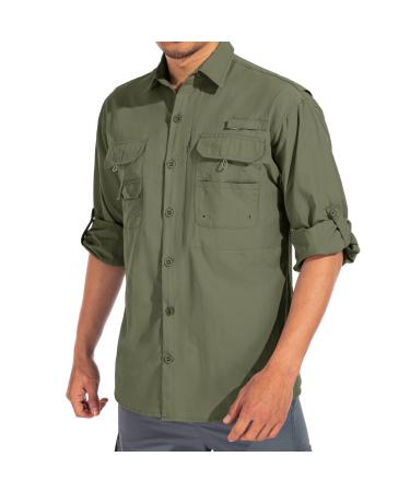 linlon Mens Safari Shirts Long Sleeve UV Protection Hiking Fishing UPF 50+ Quick Dry Cooling Camping Travel Shirts X-Large Army Green