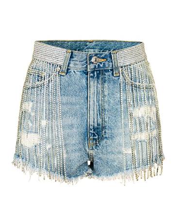 COMLIFE Summer Women's Jean Shorts Tassels Wide Leg Rhinestone Fringe Sexy Denim Short Jeans Blue-sl130 XX-Large