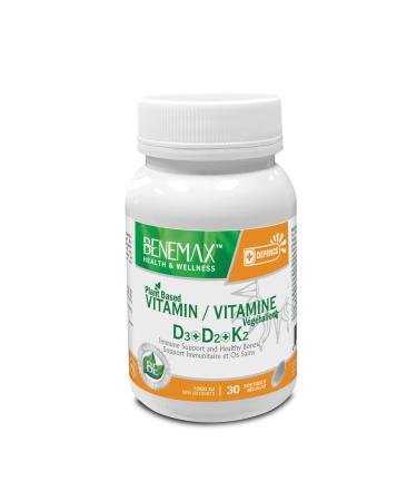 Benemax High-Potency Plant-Based Vitamin D3 + D2 + K2 (500IU + 500IU - 120mcg) Supports Bone Teeth & Heart Health. Natural Immune Support. 30 Easy to Swallow Capsules. Made in Canada!