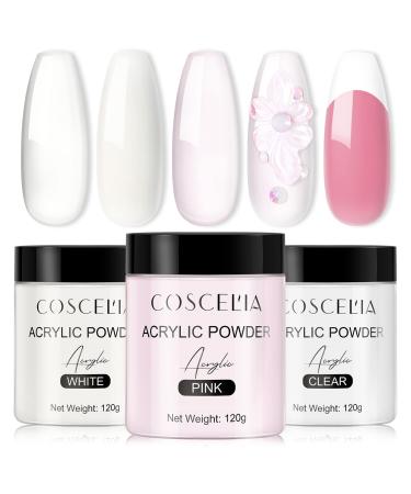 COSCELIA Acrylic Powder Set 3 Colors Acrylic Nail Powder 120G- White Pink Clear Large Capacity Powder Use with Acrylic Liquid for Acrylic Nails Extension 3D Carving Home Salon KIT-003