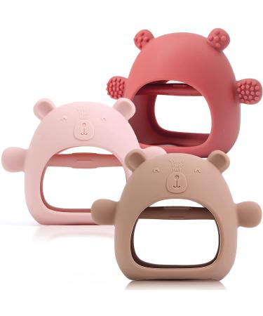 3 Packs Baby Teething Toy Silicone Bear Teething Mitten for Babies Over 3 Months Anti Dropping Wrist Hand Teethers Baby Chew Toys for Sucking Needs BPA Free (Pink Brown & Red)