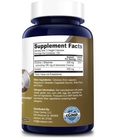 Choline & Inositol 1000mg - 200 Veggie Caps | 100% Vegetarian, Non-GMO, Gluten-Free - Buy Online on GoSupps.com