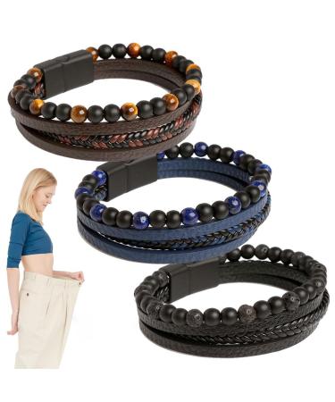 SCaua 3 PCS Magnetic Bracelet for Weight Loss Magtherapy Relief Bracelet for Menopause Volcanic Black Obsidian Tiger Eye Bracelet Magnet Bracelet for Pain Relief Women Men with Gift Box (7.48 In)