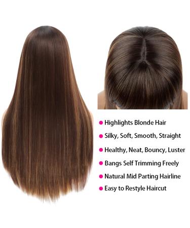 Highlight Blonde Remy Hair Wig with Bangs - 24 Inch Silky Soft Synthetic Wig for Women | Heat Resistant Fiber | Machine Made Glueless Full Wig - Buy Online on GoSupps.com