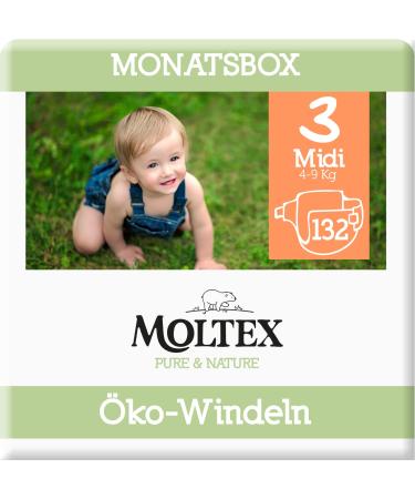Moltex Pure & Nature Eco Diapers Size 3 Midi (4-10 kg) Monthly Box 132 Organic Diapers Size 3 (132 Pieces)
