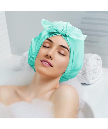 Adjustable Bow-knot Shower Cap Set | Reusable Waterproof Hair Turbans | Cyan Purple Bath Caps for Women & Girls | Ideal for Beauty, Spa, and Travel - Buy Online on GoSupps.com