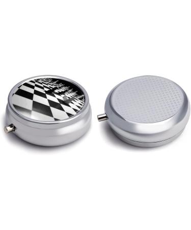 Round Black & White Chess Checkerboard Pill Box - 3 Compartment Portable Organizer | Decorative Metal Medicine Case - Buy Online on GoSupps.com