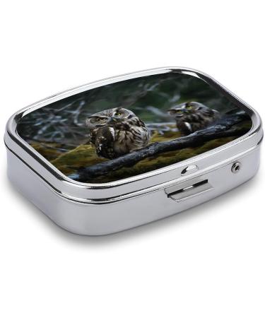 Pill Box with Wild Owl Birds Print | 2 Compartment Decorative Metal Pill Organizer for Pocket or Purse - Buy Online on GoSupps.com