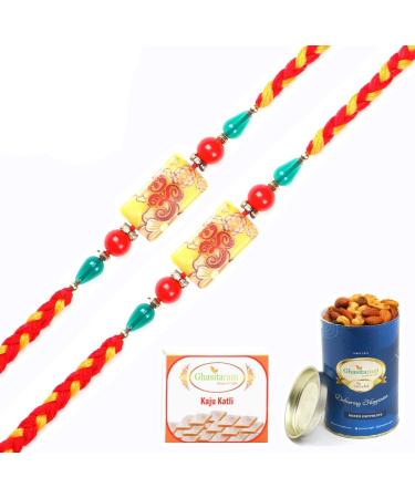 Ghasitaram Gifts Rakhi for Brother Rakhis Online - Set of 2-2K-257 Om Rakhis with 100 GMS of Dryfruits Mix Can 200 GMS of Kaju katli 2 Rakhi & 100g Dryfruits Mix Can 200g Kaju katli