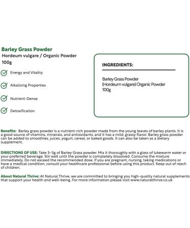 Natural Thrive Organic Barley Grass Powder 100g Natural Energy Boost Vegan NonGMO GlutenFree - Buy Online on GoSupps.com