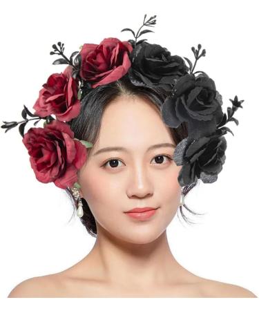Black and Red Rose Flower Headband Rose Flower Crown Mexican Headpiece Floral Crown Garland Halo for Festival Wedding Party Halloween - Buy Online on GoSupps.com