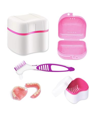 Presses storage box denture container with sieve denture case case prostheses cleaned brushes for incorrect teeth storage cleaning portable travel prosthesis-storage box red pink