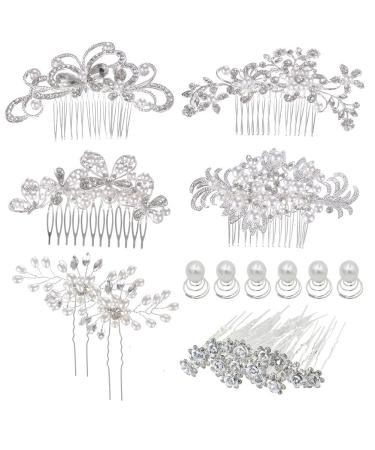 inSowni 32 Pack Silver Wedding Hair Side Combs+U-shaped & Twist Bridal Hair Pins Pieces Accessories Rhinestone Pearls for Women Girls Brides Bridesmaids