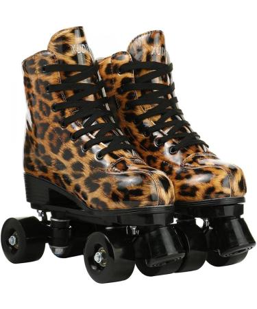Leopard PU Leather High-top Roller Skates for Women | Indoor/Outdoor Double-Row Skates | Size 38 (US Women 8) | Includes Shoes Bag - Buy Online on GoSupps.com