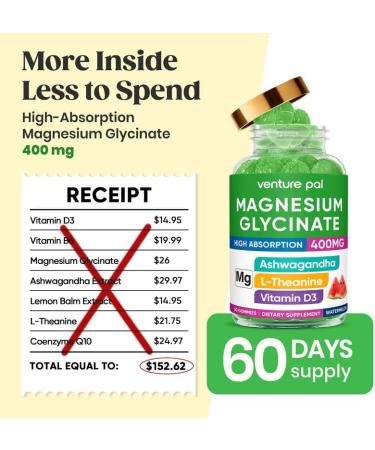 60 Day Supply Magnesium Glycinate 400mg Gummies with Ashwagandha L-Theanine CoQ10 Vitamin D3 & B6 Sugar Free Magnesium Gummies for Adults & Kids Stress Relief Sleep & Calm Vegan Gluten Free 60 Count (Pack of 1) V1-w  - Buy Online on GoSupps.com
