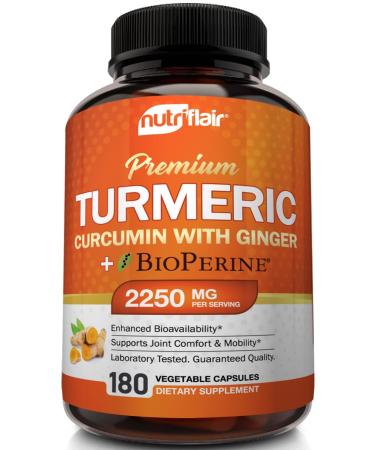 Turmeric Curcumin with Ginger  BioPerine Black Pepper Supplement :: Anti-Inflammatory Antioxidant Anti Aging :: 100 Natural Non-GMO Vegan Best Maximum Potency No Side Effects (180 Capsules)