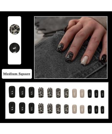 Medium Square Black Press On Nails with Leopard Print - 24PCS Acrylic Full Cover Stick-On Nails for Women & Girls - Perfect for Daily Wear & Weddings - Buy Online on GoSupps.com