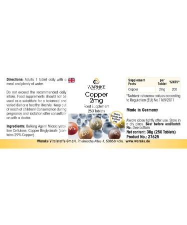 Cuivre 2mg - 250 comprim s de 2mg chacun - Bisglycinate de cuivre - HAUTE DOSE - Qualit pharmaceutique allemande - Vegan | Warnke Vitalstoffe - Buy Online on GoSupps.com