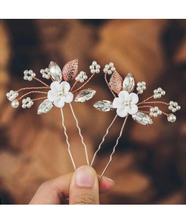 Flower Bride Wedding Hair Pins - Pearl & Crystal Hair Accessories (Pack of 2) - Rose Gold - Buy Online on GoSupps.com