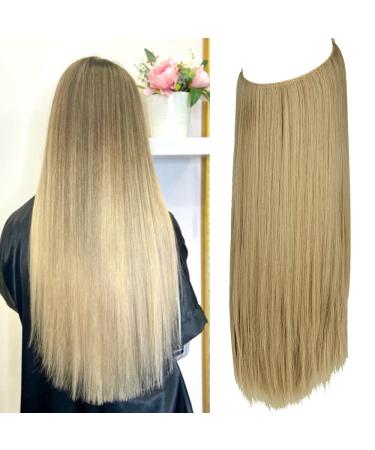 22 Inch Halo Hair Extensions Straight Light Ash Blonde & Bleach Blonde Long Synthetic Hairpieces Secret Wire Headband for Women Heat Friendly Fiber No Clip OMGREAT 22Inch&Straight Light Ash Blonde & Bleach Blonde #2