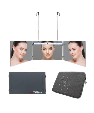 FOLOMILO 3 Way Mirror for Hair Cutting with LED Light Barber Mirror Self Cut 360  Trifold Portable Rechargeable LED See Back and Top of The Head for Vanity Makeup Braiding Travel Version Acrylic medium with LED