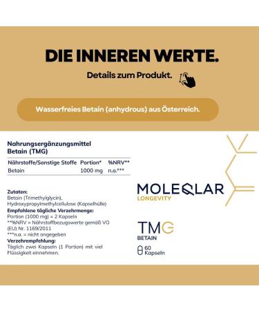 Moleqlar TMG Betaine Capsules - 60 Vegan Premium 500mg - High-Purity Trimethylglycine - Made in Europe - International Shipping Available - Buy Online on GoSupps.com