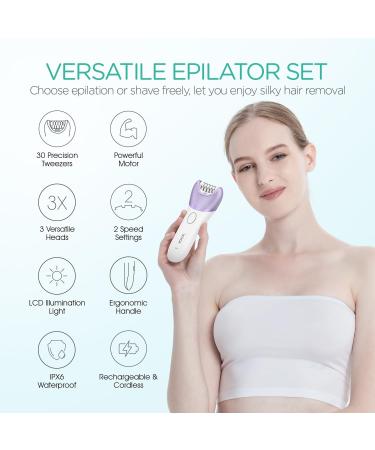 VOYOR Cordless Rechargeable Epilator with 30 Tweezers - 3 in 1 Hair Removal Device for Women - Electric Lady Shaver and Foot File Included - Purple BM300 - Buy Online on GoSupps.com