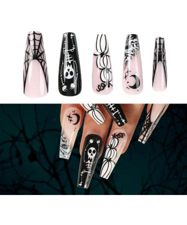 24x Long Coffin False Nails Halloween Skull Wearable French Ballerinas Fake Nails Press On Full Cover Manicure Nail Tips - Buy Online on GoSupps.com