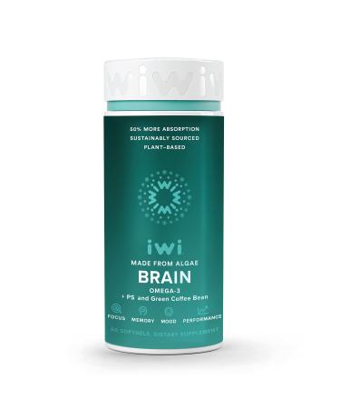 iwi Brain Booster Supports Mental Sharpness and Cognitive Wellness for Focus, Mood, Performance & Memory | Vegan Algae Omega 3 + PS & Green Coffee Bean Extract, EPA, DHA and Vitamin B6 | 30 Day Supply 60 Count (Pack of 1)