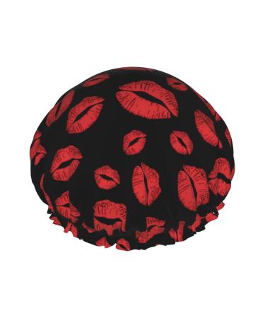 Red Lip Kiss Luxury Shower Cap Women Waterproof Reusable PEVA Lining Adjustable Elasticized Hem for All long Hair Bath Hat Color 4
