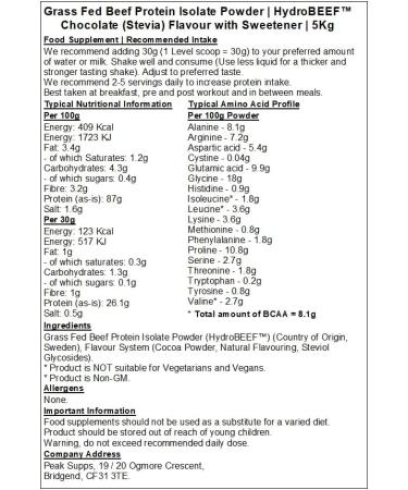 Grass Fed Beef Protein Isolate 95% - HydroBEEF | Rich in Type I II III Collagen (Chocolate (Stevia) 5kg) Chocolate (Stevia) 5kg - Buy Online on GoSupps.com