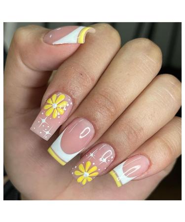 24Pcs Press on Nails Medium Square French Tip Fake Nails Yellow Flowers Star with Design Acrylic Nails Glue on Nails Glossy Artificial Full Cover False Nails for Women and Girls Manicure Decoration