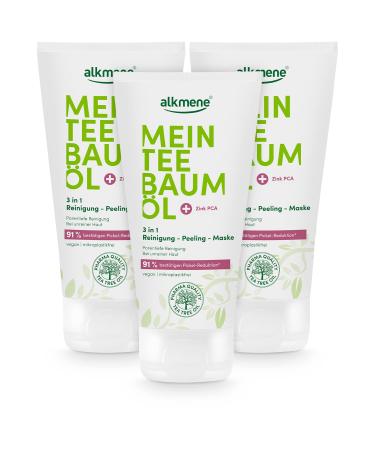 Alkmen my tea tree oil 3in1 cleaning peeling mask 3x 150 ml pimple reduction 91% confirmed - natural clean tea tree oil vegan & climate -neutral - facial peeling for impure skin - Peeling face 3 Pack