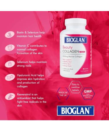 Bioglan Collagen Tablets 2500mg - Marine Collagen with Hyaluronic Acid, Resveratrol, Biotin, Selenium, Vitamin C - 90 Tablets - Buy Online on GoSupps.com