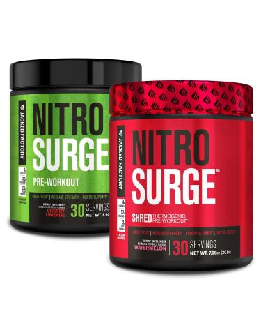 Jacked Factory Nitrosurge Pre-Workout in Cherry Limeade & Watermelon Nitrosurge Shred Thermogenic Pre-Workout for Men & Women