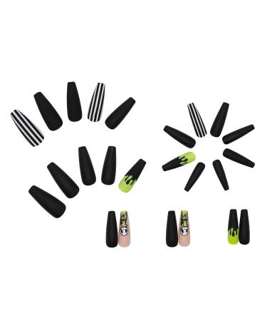 24Pcs Halloween Coffin Fake Nails - Black & White Stripes with Ghost Design | Glossy Stick on Acrylic Nails for Women & Girls - Buy Online on GoSupps.com