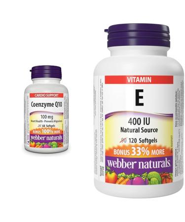 Webber Naturals Coenzyme Q10 (CoQ10) 100mg 60 Softgels + Webber Naturals Vitamin E 400 IU 120 Softgels Naturals Coenzyme Q10 + Softgel