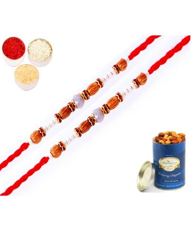 Ghasitaram Gifts Rakhi for Brother Rakhis Online - Set of 2-6332 Fancy Thread Rakhis with 100 GMS of Dryfruits Mix Can 2 Rakhi with 100 gms of Dryfruits Mix Can