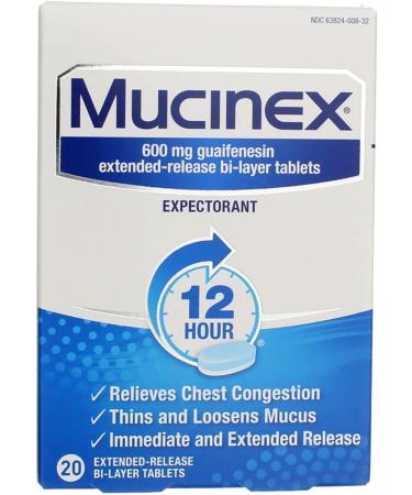 Mucinex Expectorant 12-Hour Extended Release Tablets - 20ct, 600mg Guaifenesin for Chest Congestion Relief - Buy Online on GoSupps.com