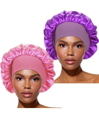 2 Pieces Wide Band Satin Cap Sleep Bonnet Soft Night Sleep Hat for Women (Purple+Pink)