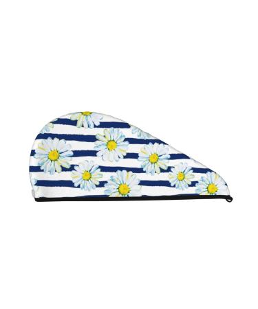 Hair Towel Wrap Hair Drying Towel with Button Towel Turban Head Towel to Dry Hair Quickly (Daisy Striped Nautical)