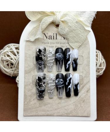Chinese style ink dragon dark series nail art handmade wearable high-end long removable fake nail patches 10PCS (Size : S) - Buy Online on GoSupps.com