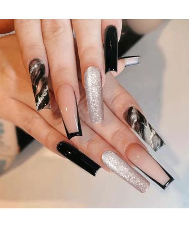 JUSTOTRY 24 pcs Leopard Fake Nails Long Black French Press on Nails Patterns Silvery Glitter Ballerina Stick on Nails for Women Acrylic Coffin Medium False Nails with Glue for Nail Art black&leopard2