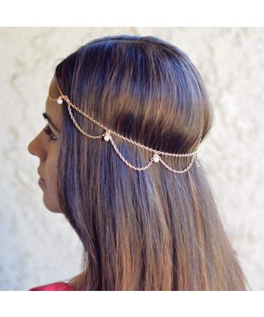 Boho Pearl Head Chain with Tassel Layered Headband - Gold Gypsy Hair Accessories for Women - Buy Online on GoSupps.com