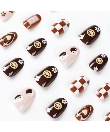 Spring Floral Almond Shape French Fake Nails Kit - 24 Pcs Glossy Full Cover Acrylic False Nails for Daily Wear - Buy Online on GoSupps.com